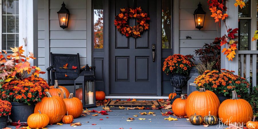 Front porch with pumpkins, mums, and lanterns staged for Halloween home sale